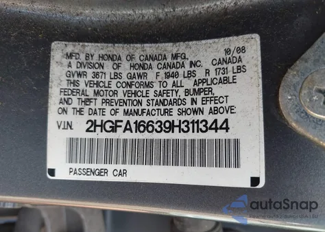 2009 Honda Civic Lx-S из США, поврежденный, VIN 2HGFA16639H311344